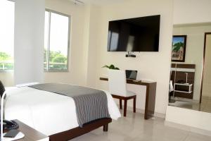 巴耶杜帕尔Hotel Metropolitano Plaza的一间卧室配有一张床、一张书桌和一台电视。