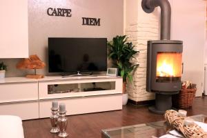 普鲁滕Carpe Diem的客厅设有壁炉和电视。