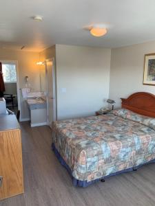 雷德迪尔Red Deer Inn & Suites的一间酒店客房 - 带一张床和一间浴室