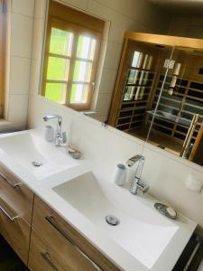 RechnitzREnthouse - Ferienhaus am Weinberg的一间带两个盥洗盆和大镜子的浴室
