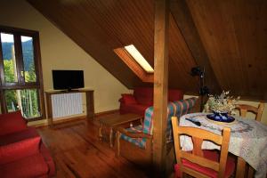 VíuHotel, Bungalows y Camping Viu的客厅配有桌子、沙发和电视