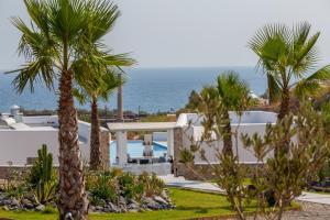 费拉Desiterra Resort的享有棕榈树度假村和大海的景致。