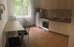 考波什堡Arany Apartman Kaposvár的一间带桌子的厨房和一间带桌椅的厨房
