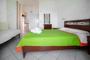 帕尔加Spiros Studios的一间卧室配有一张带绿毯的大床