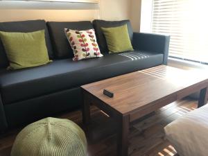 箱根Condominium MIRAHAKONE的蓝色沙发、枕头和木制咖啡桌