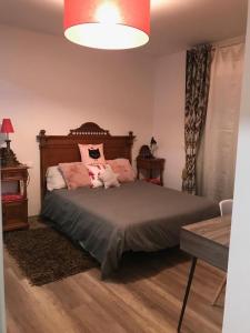 洛格罗尼奥Casa Jardín的一间卧室配有带粉红色枕头的床。