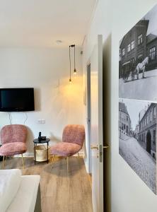 霍尔斯特布罗绍姆堡酒店的客厅配有两把椅子和电视
