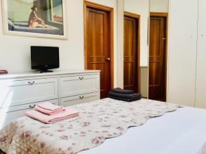 博洛尼亚Casa Santo Stefano的一间卧室配有一张带梳妆台和电视的床。