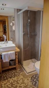圣吕克法夫雷木屋大酒店的带淋浴和盥洗盆的浴室