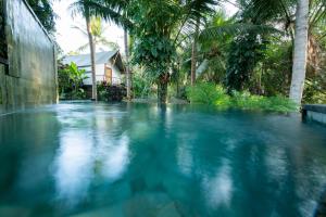 乌布乌布热带露营地的一座房子前面的蓝色水池