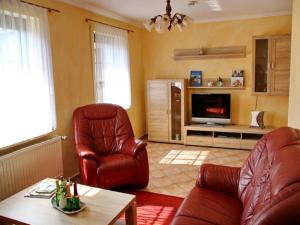 乌曼茨Erlebnis-Bauernhof Kliewe的客厅配有2把皮椅和电视