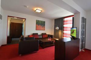 梅泽堡梅泽堡天空酒店 的客厅配有沙发和带电视的桌子