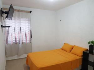 玛哈威Casa en Mahahual cerca de la playa的一间卧室配有带橙色床单的床和窗户。