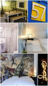 普福尔茨海姆Pforzheim Ferienhaus的一张卧室照片的拼贴图,上面有蜘蛛人的壁画