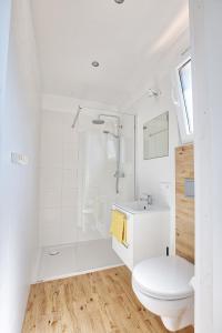 LubogoszczPrzyjazne domki的白色的浴室设有卫生间和淋浴。