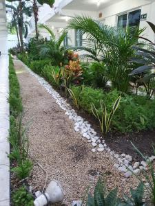 切图马尔卡萨布兰卡酒店的一座花园,在房子前面有岩石和植物