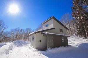 白马村Solar Chalets by Hakuba Hospitality Group的树林里的雪地里的小房子