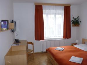 布拉格加尼酒店拉米伯塞克酒店的一间卧室配有一张床、一张书桌和一个窗户。