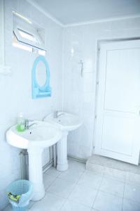 卡拉科尔Happy Nomads Yurt Camp & Hostel的白色的浴室设有两个盥洗盆和镜子