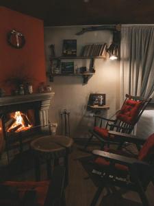 Poselok-MatrosyGuesthouse Husky Moa的客厅设有壁炉、椅子和一张床