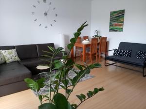什切青Pomaranczowa Apartment的客厅配有沙发和桌子
