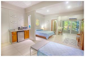 曼努埃尔安东尼奥亚拉广场酒店的一间卧室配有一张床,一间厨房和一个房间