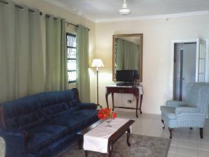 拿骚Gillys Dream的客厅配有蓝色的沙发和桌子
