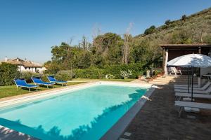 福利尼奥Agriturismo Monte Cologna的一个带蓝色椅子和遮阳伞的游泳池