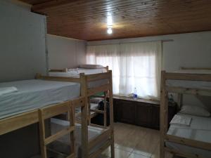 伊瓜苏港Iguazu Rey Hostal的客房设有三张双层床和一扇窗户。