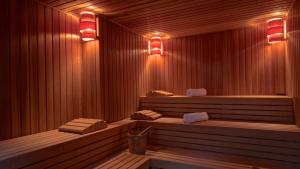 斯克拉丁Scardona Park Luxury Accommodation的一间设有两个长椅和两个灯的桑拿浴室