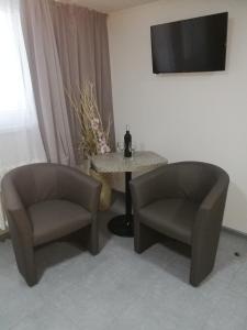 兹诺伊莫Penzion Miri的两个椅子和一张桌子,以及房间内的一台电视机