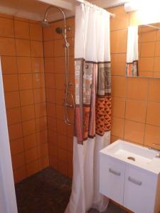 德赛Kaz Luciole的浴室配有淋浴帘和盥洗盆。