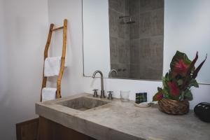 马尔多纳多港Hotel Enai的浴室设有混凝土水槽和盆栽植物