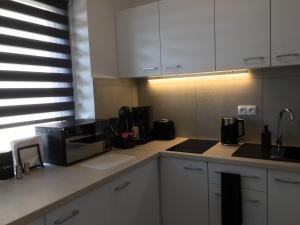 雷布尼克Studio Fibra Lungo的厨房配有白色橱柜和黑微波炉