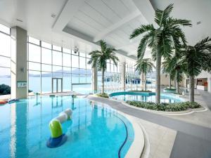 巨济Hanwha Resort Geoje Belvedere的一座棕榈树大型游泳池