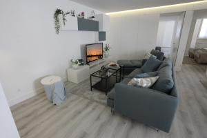 维亚纳堡Apartamento das Malheiras的带沙发和壁炉的客厅