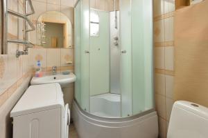 鄂木斯克Omsk Sutki Apartments at Lenina 30的带淋浴、卫生间和盥洗盆的浴室