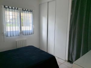 鲁瓦扬Appartement des Tilleuls RDC的一间卧室设有一张床和两个窗户。