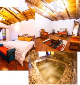 基多La Casa del colibri ecuador的客房设有一张床和浴缸。