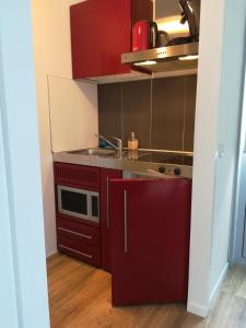 雷嫩Luxe Studio Bovenweg的一个带红色橱柜和水槽的小厨房