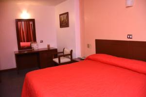 贾拉普哈拉帕维多丽亚酒店的酒店客房配有红色的床和书桌