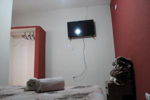 阿瓜斯-迪圣佩德罗Villa Franco的泰迪熊躺在床上,墙上有电视
