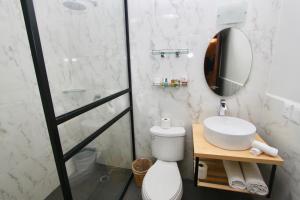 瓦哈卡市特雷沃尔酒店的一间带卫生间、水槽和镜子的浴室