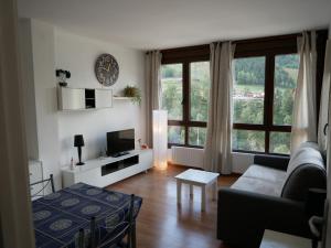 埃尔塔特El Tarter-Vacances Pirinenca的带沙发和大窗户的客厅