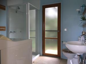 雅纳基黑大冠鹦鹉小屋酒店的一间带水槽、卫生间和淋浴的浴室