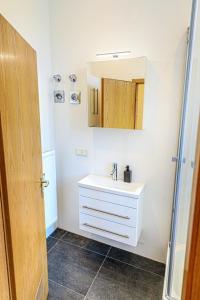 维尔茨堡Charming City Apartment with parking spot的浴室设有白色水槽和镜子