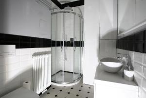 克拉科夫Gem Apartment by Castle (Old Town Krakow)的一间带玻璃淋浴和水槽的浴室