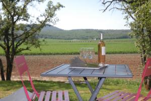 RiansLe Pod de L'Adret的一张桌子、一瓶葡萄酒和两把椅子