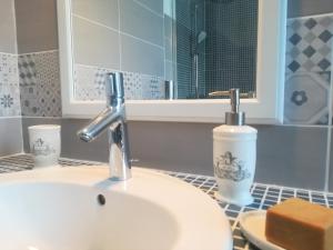 MorlaasLe Clos Sainte Foy的浴室盥洗盆和柜台上的肥皂分配器