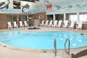 普里茅斯朝圣者金沙长滩酒店的周围设有大型游泳池,配有椅子
